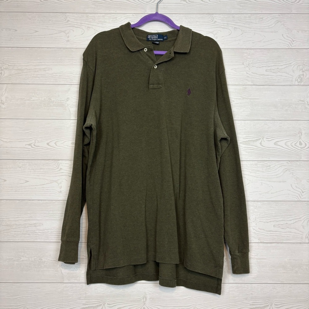 VTG POLO RALPH LAUREN GREEN HENLEY L/S TEE POLO SIZE XL PURPLE PONY